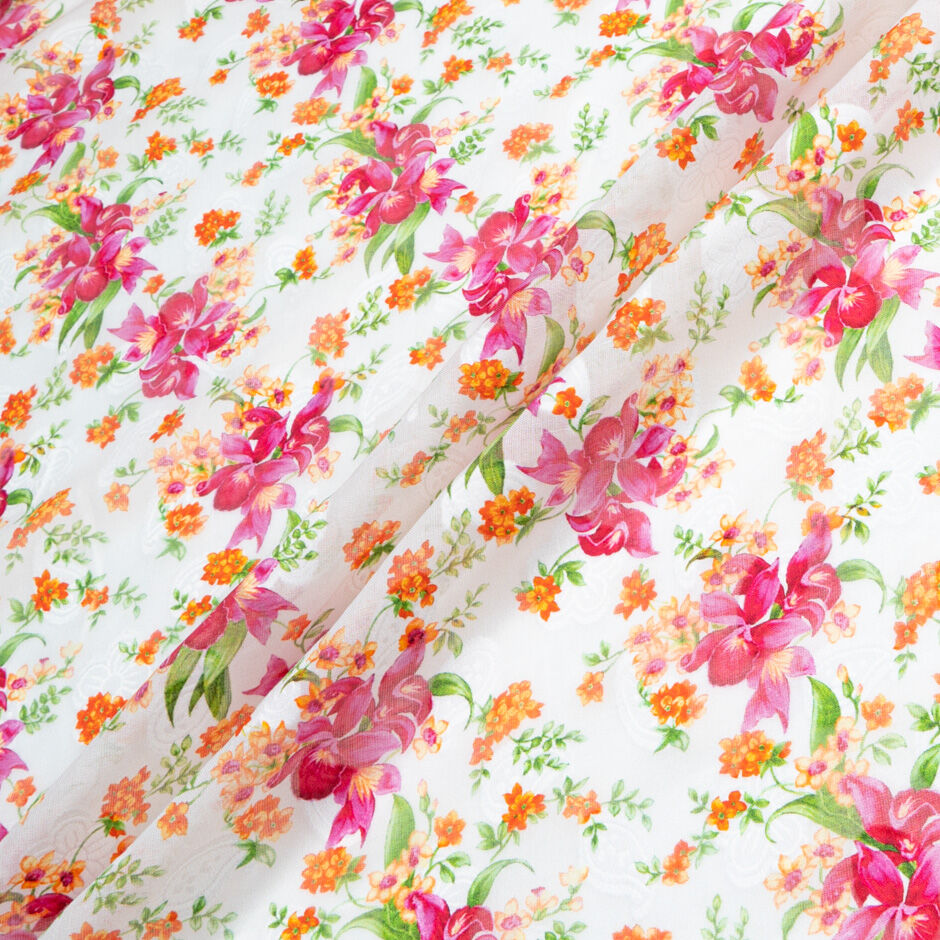 Fuchsia & Orange Floral Printed Cotton Voile Jacquard (A 3m Piece)