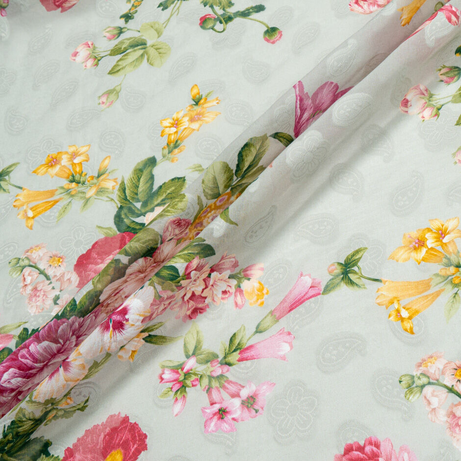 Pink Floral Printed Grey Cotton Voile Jacquard (A 2.65m Piece)