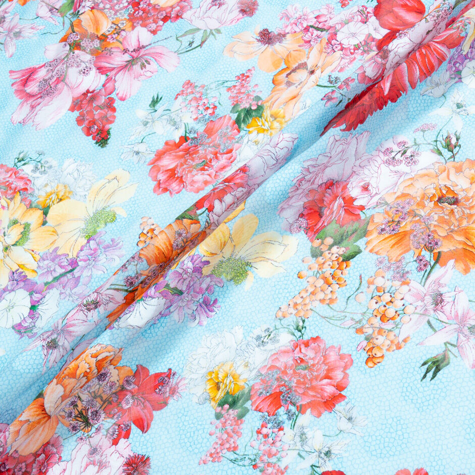 Floral Printed Blue Cotton Voile Jacquard (A 2.50m Piece)