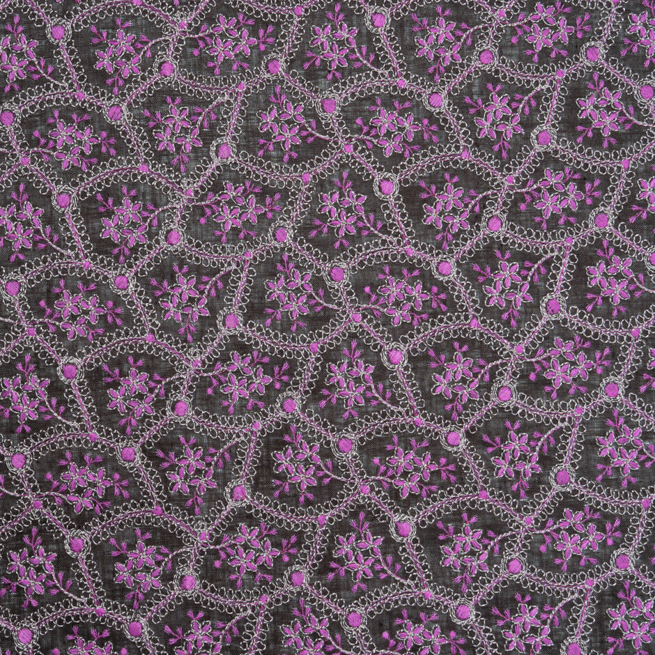 Magenta Pink Floral Embroidered Dark Brown Linen