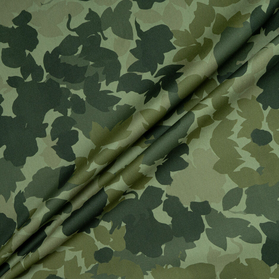 Khaki Leaf Camouflaged Printed Cotton Denim