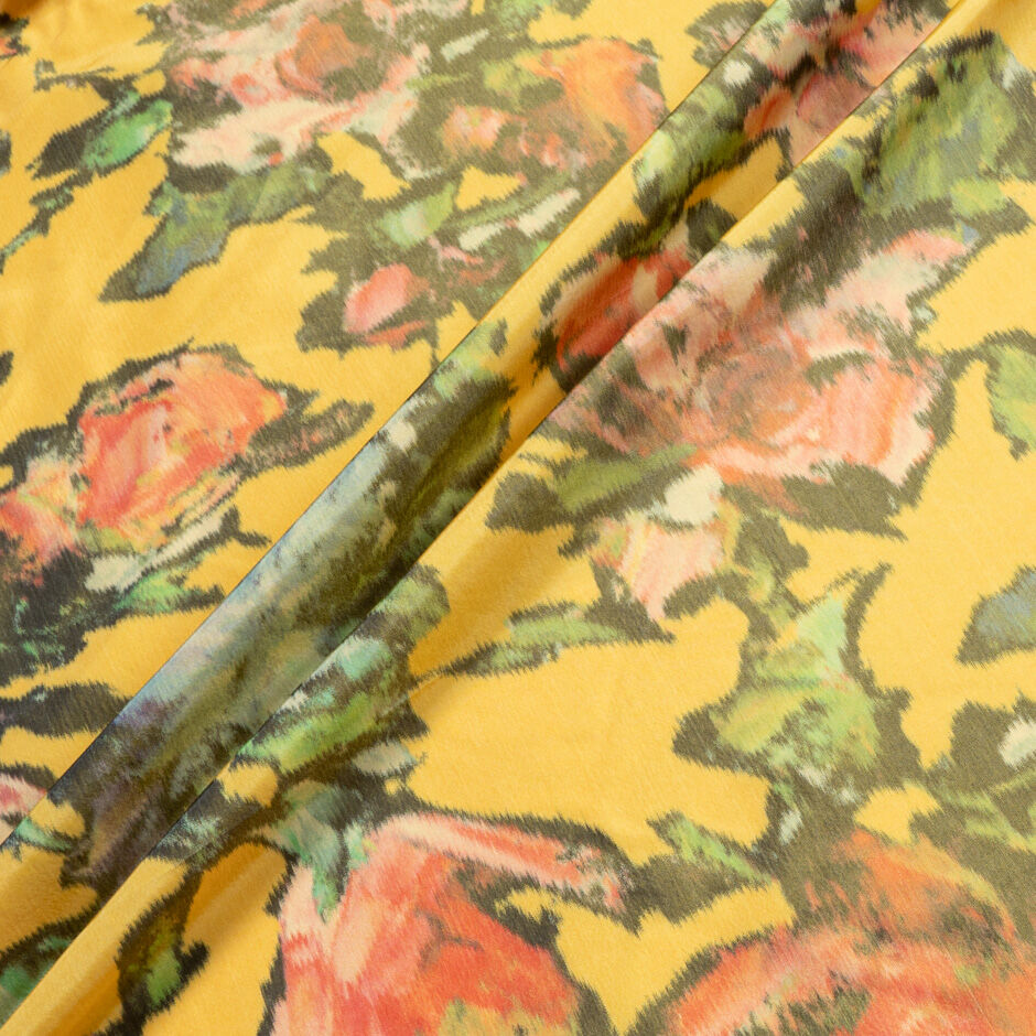 Rose Printed Saffron Yellow Silk Taffeta