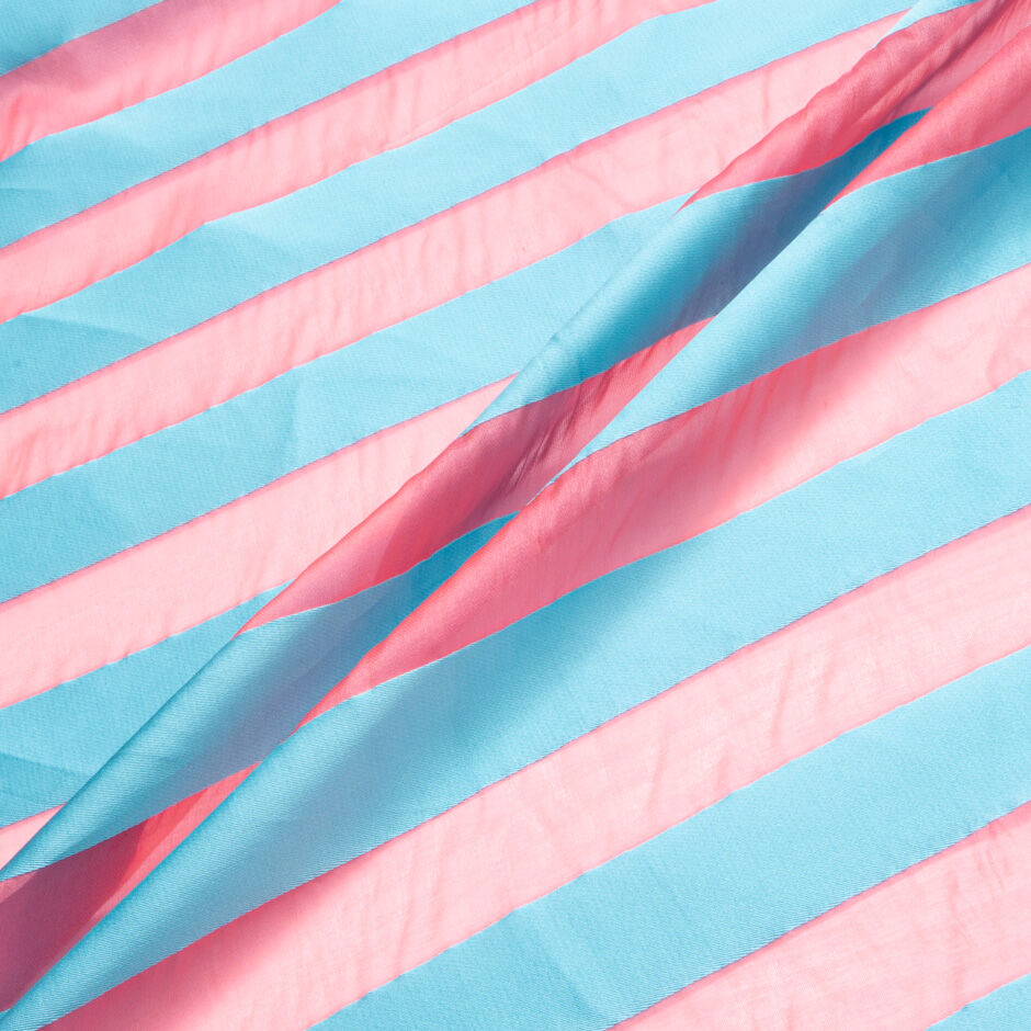 Turquoise Satin Striped Pink Silk Organza