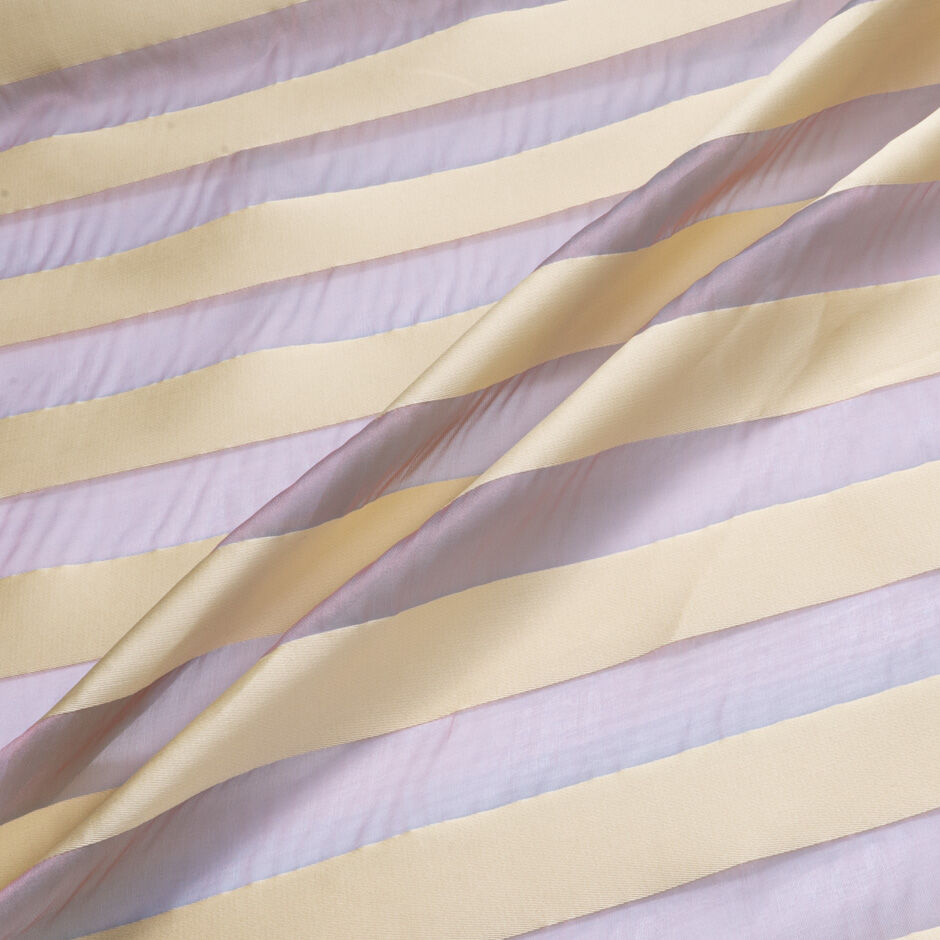 Vanilla Yellow Satin & Pale Lilac Wide Striped Silk Organza