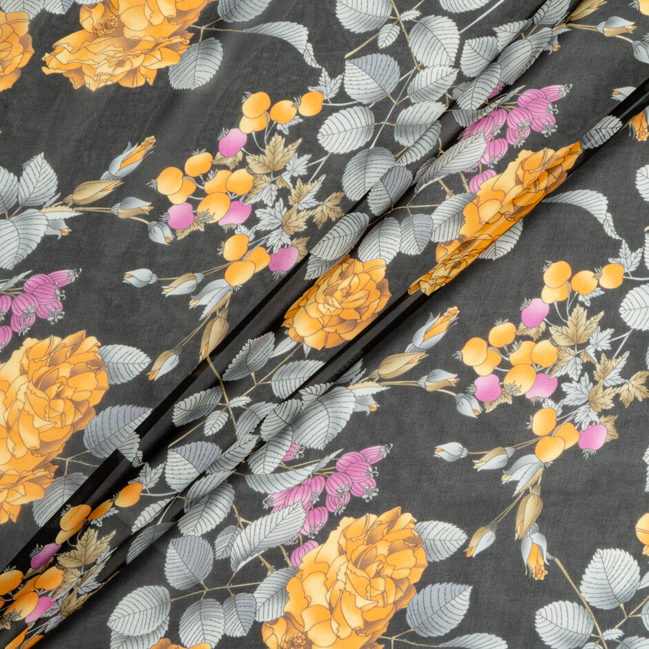 Orange & Grey Floral Printed Black Silk Georgette