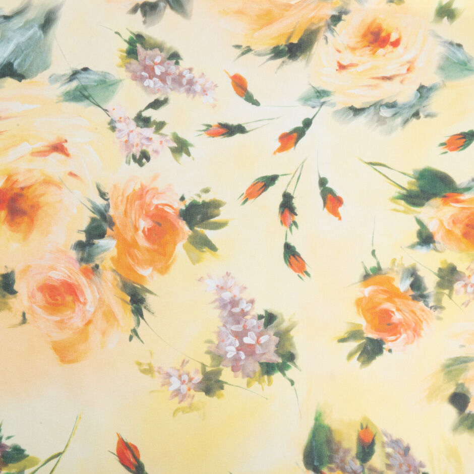 Orange Rose Printed Pale Yellow Pure Silk Georgette