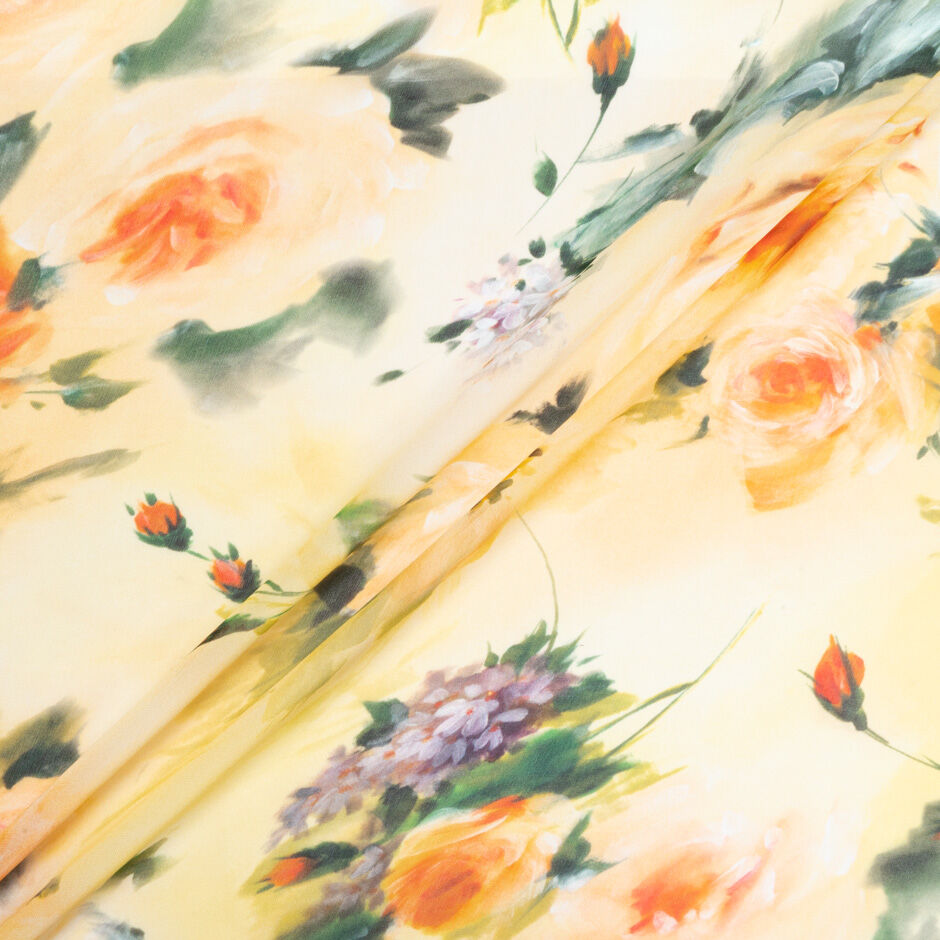 Orange Rose Printed Pale Yellow Pure Silk Georgette