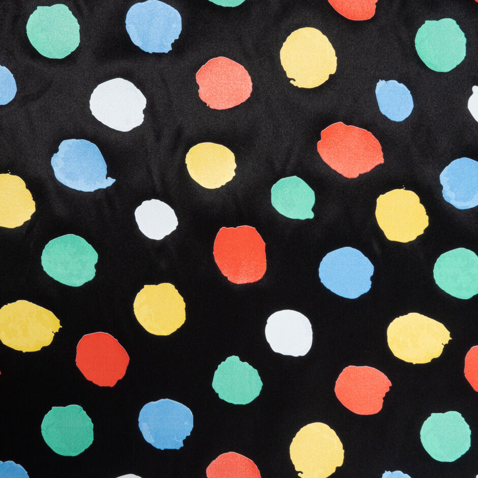 Multi-Coloured Spotted Black Pure Silk Satin