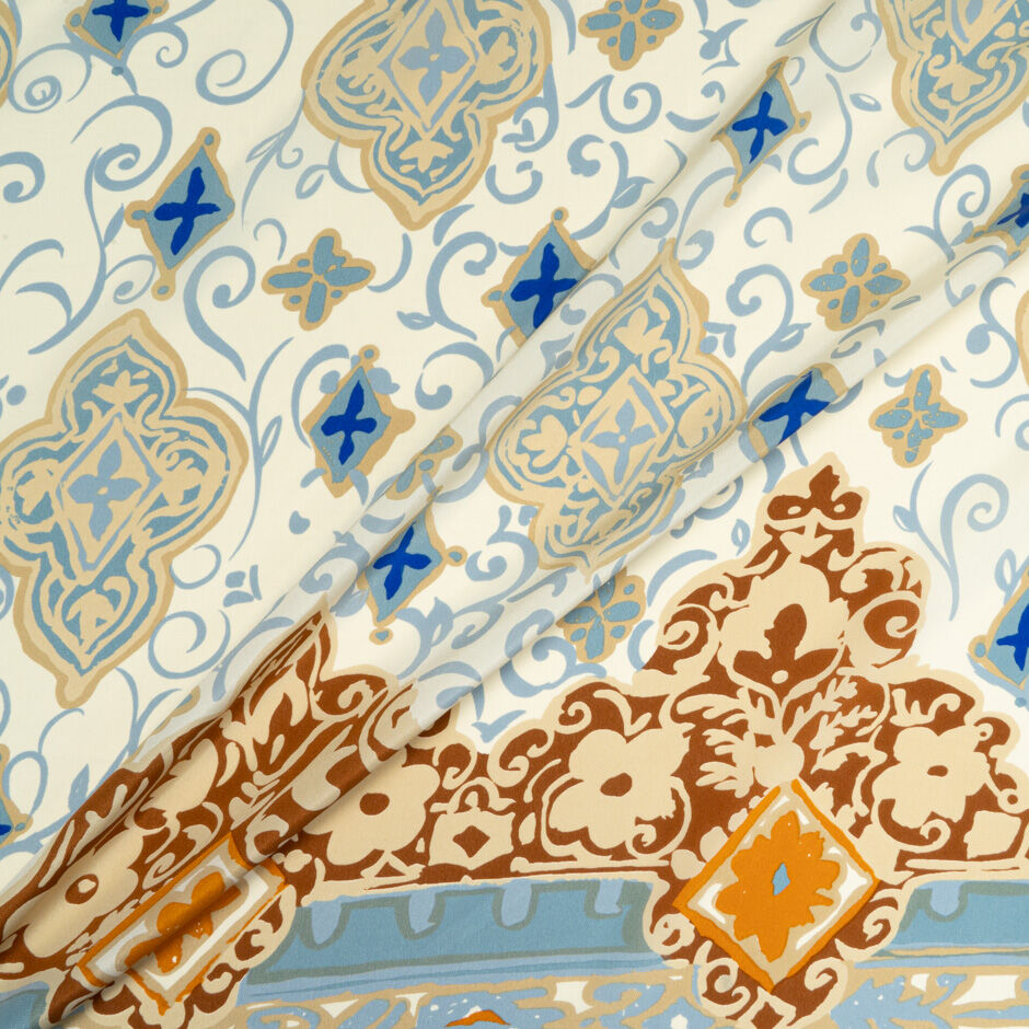 Blue & Beige Printed Silk Crêpe de Chine