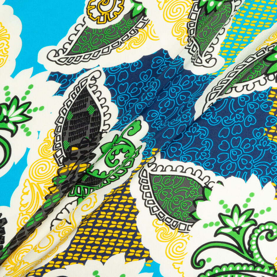 Green, Yellow & Blue Patchwork Printed Silk Crêpe de Chine