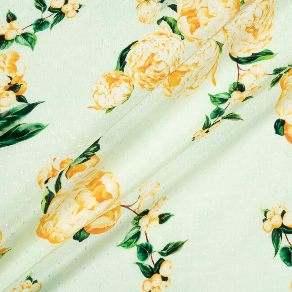 Yellow Peony Printed Pale Mint Silk Crêpe de Chine Jacquard