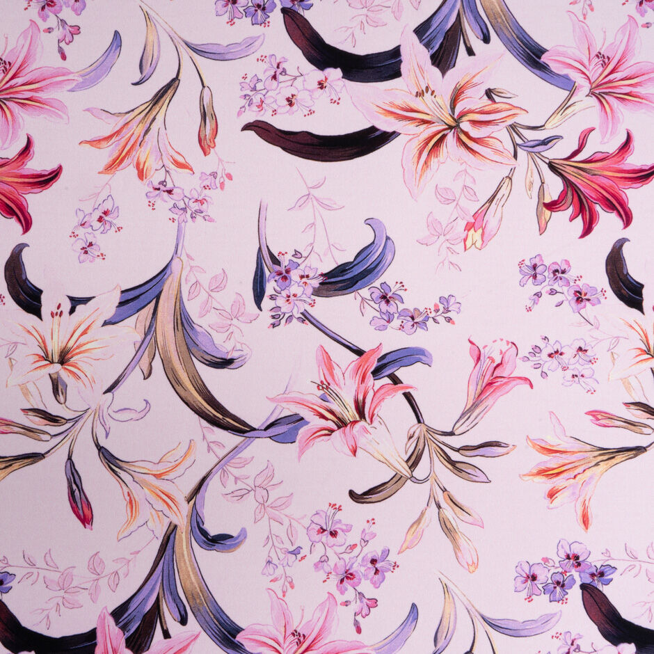 Pink Floral Printed Pale Lilac Silk Crêpe de Chine