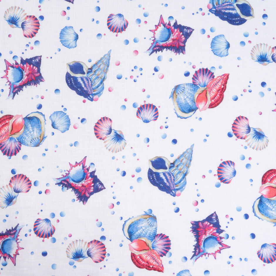 Pink & Blue Shell Printed White Lightweight Linen