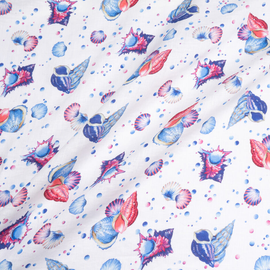 Pink & Blue Shell Printed White Lightweight Linen