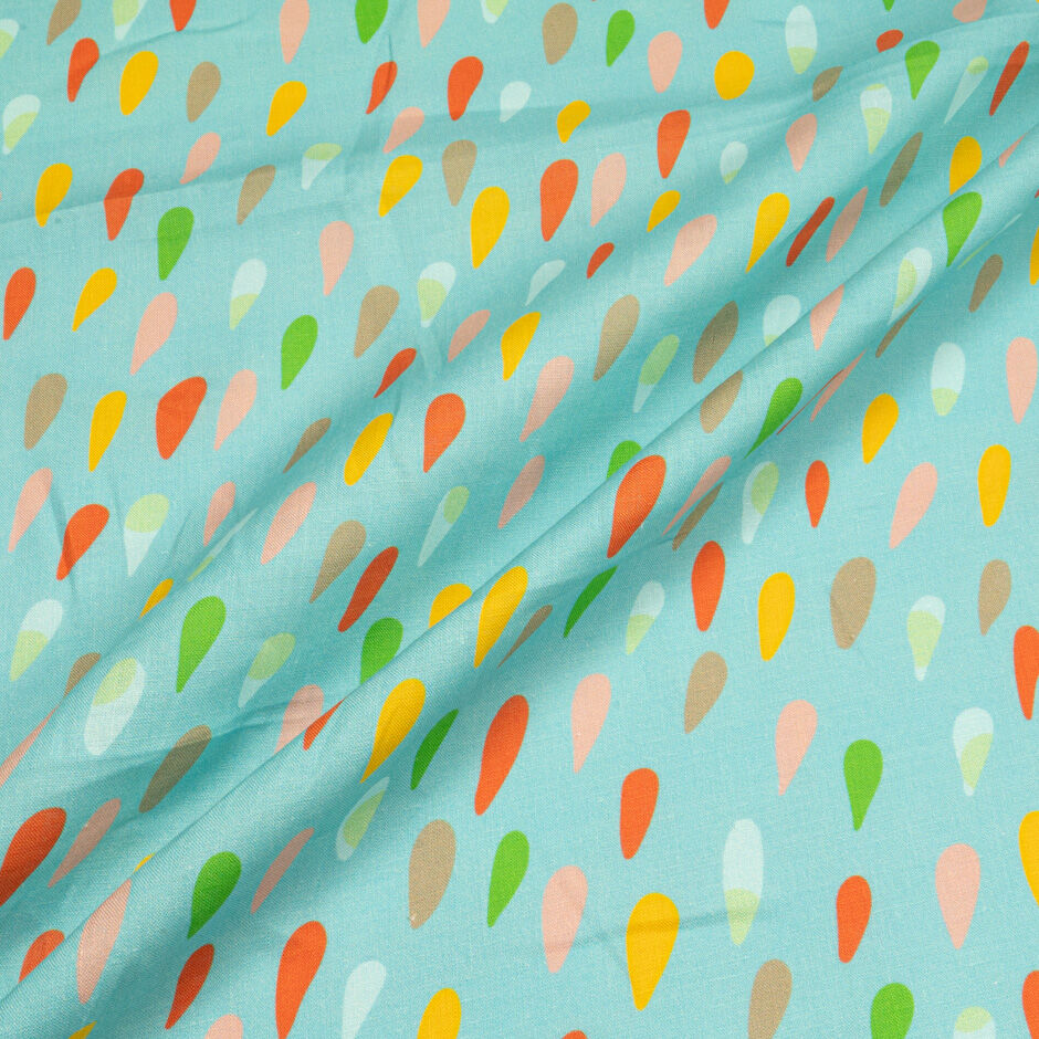 Multi-Coloured 'Petal' Printed Aqua Linen