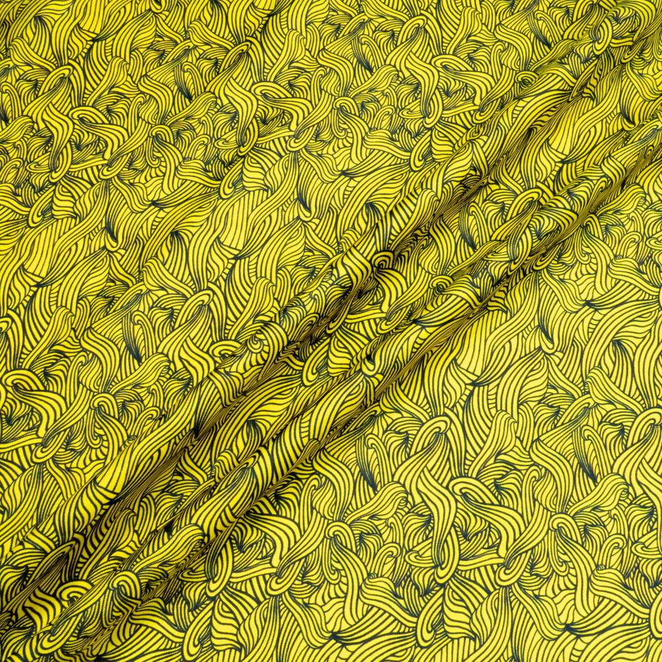 Canary Yellow & Blue Wave Printed Silk Twill