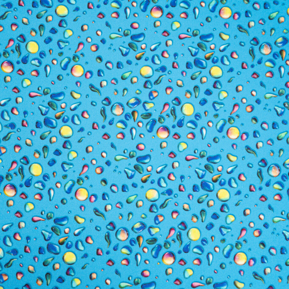 Multi-Coloured Water Droplets Printed Blue Silk Twill