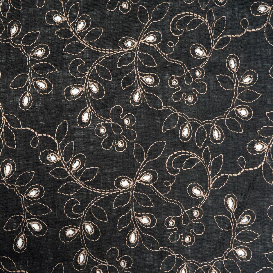 Beige Floral Embroidered Black Handkerchief Linen