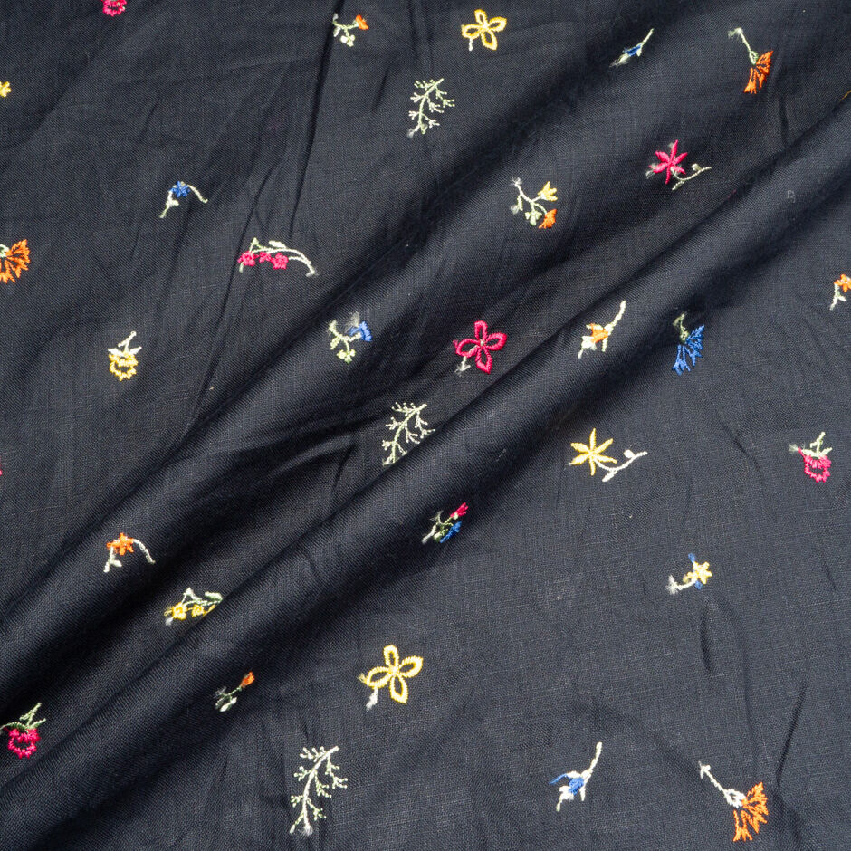 Petite Floral Embroidered Black Linen