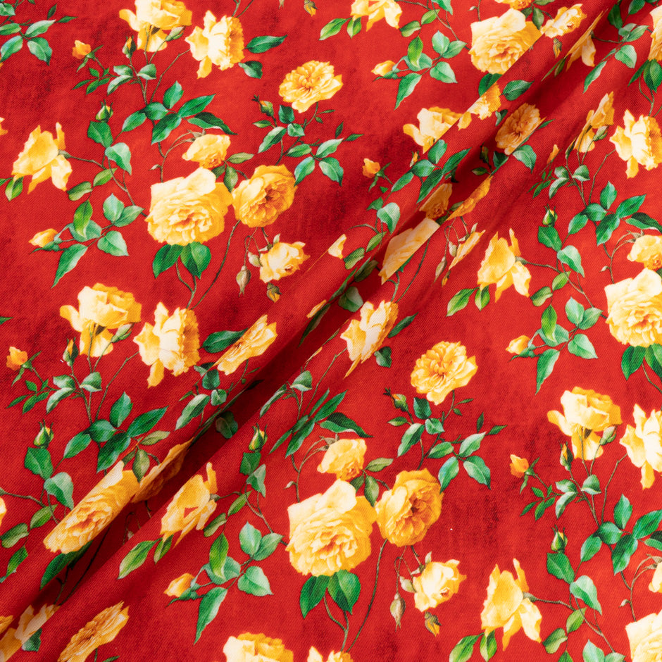 Yellow Rose Printed Deep Red Pure Wool