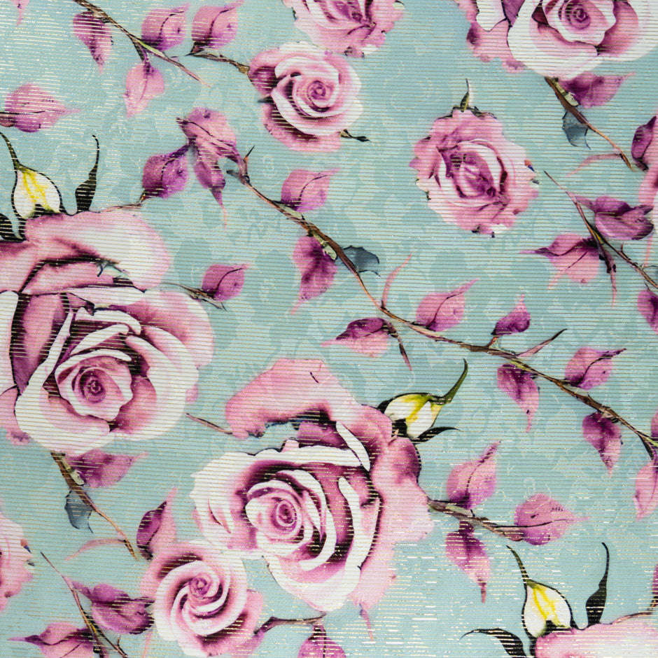 Pink Rose Printed Aqua Printed Silk Striped Lamé