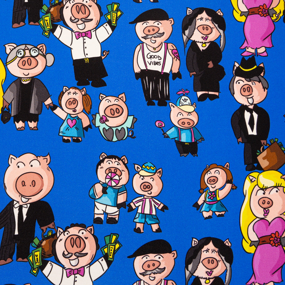 Cartoon Piggy Printed Blue Pure Silk Twill