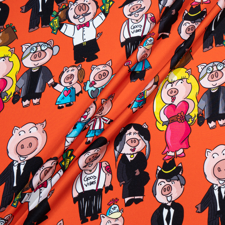 Cartoon Piggy Printed Red Pure Silk Twill