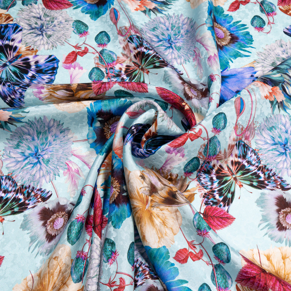 Bold Floral Printed Soft Sky Blue Pure Silk Jacquard