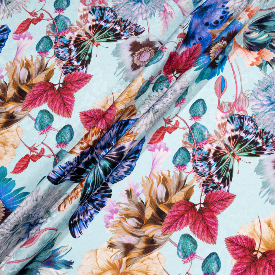 Bold Floral Printed Soft Sky Blue Pure Silk Jacquard