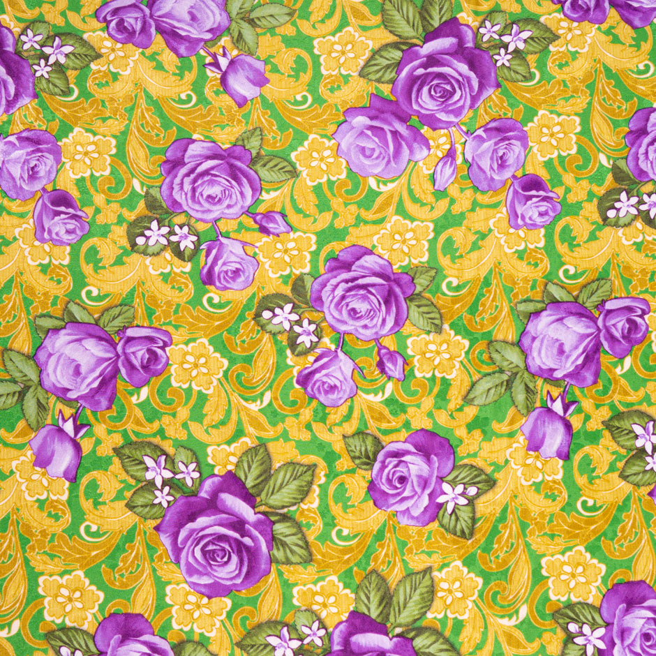 Purple Rose Printed Emerald Green Silk Jacquard