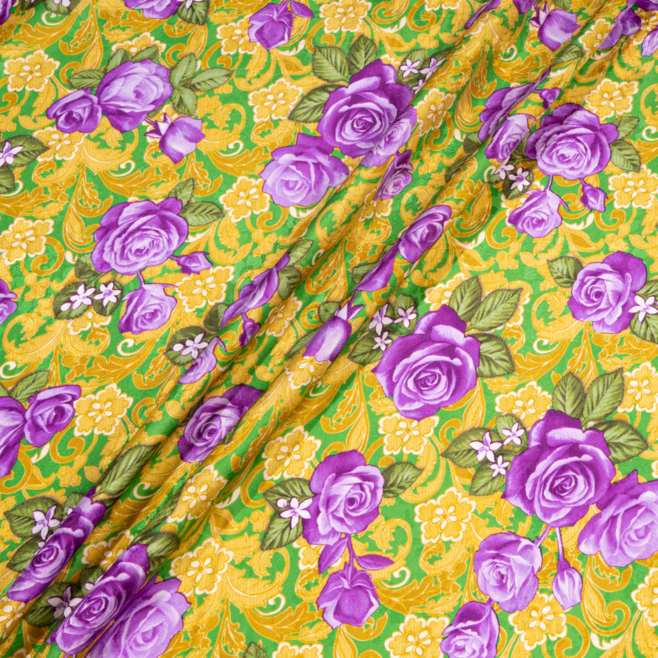 Purple Rose Printed Emerald Green Silk Jacquard