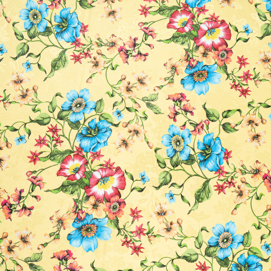 Bright Blue & Pink Floral Printed Yellow Silk Jacquard