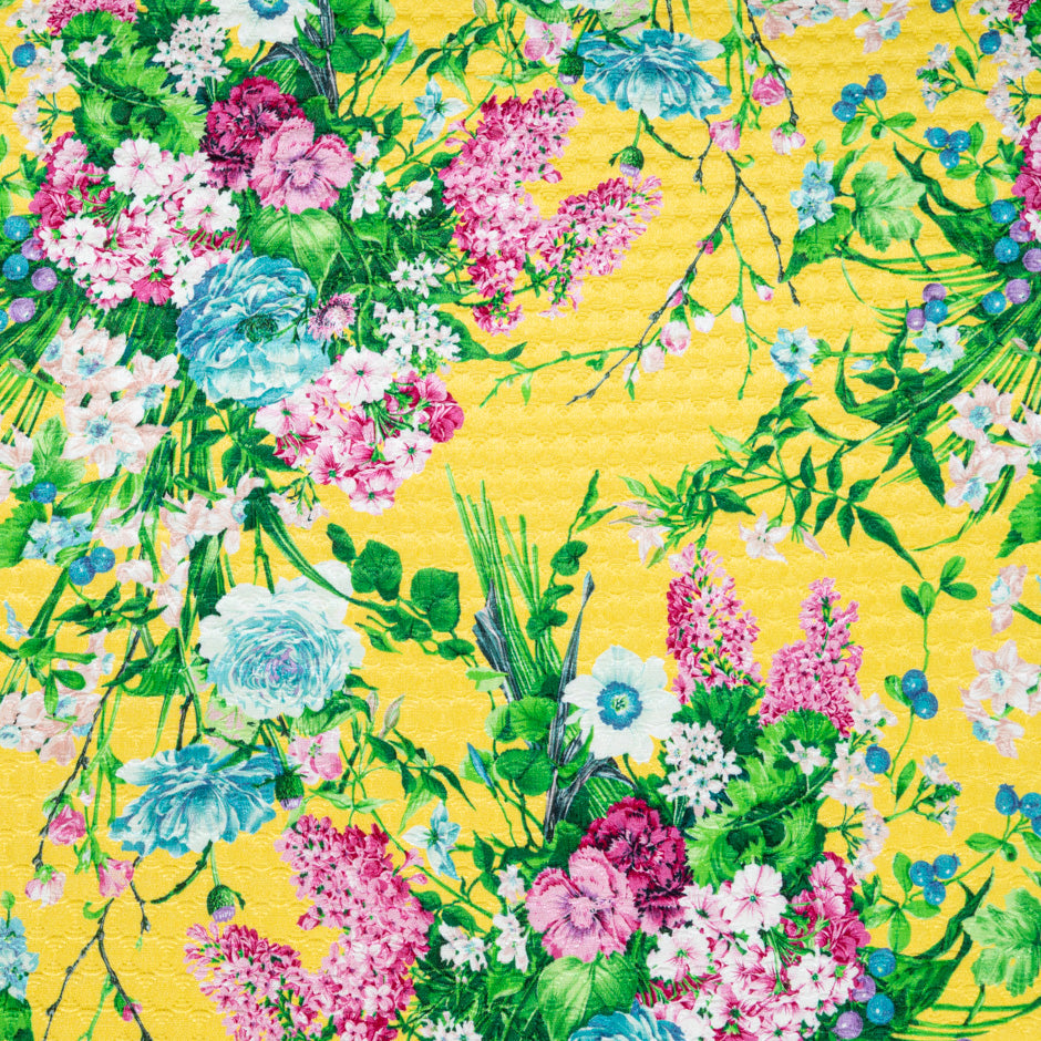 Multi Floral Printed Bright Yellow Cotton Blend Cloqué