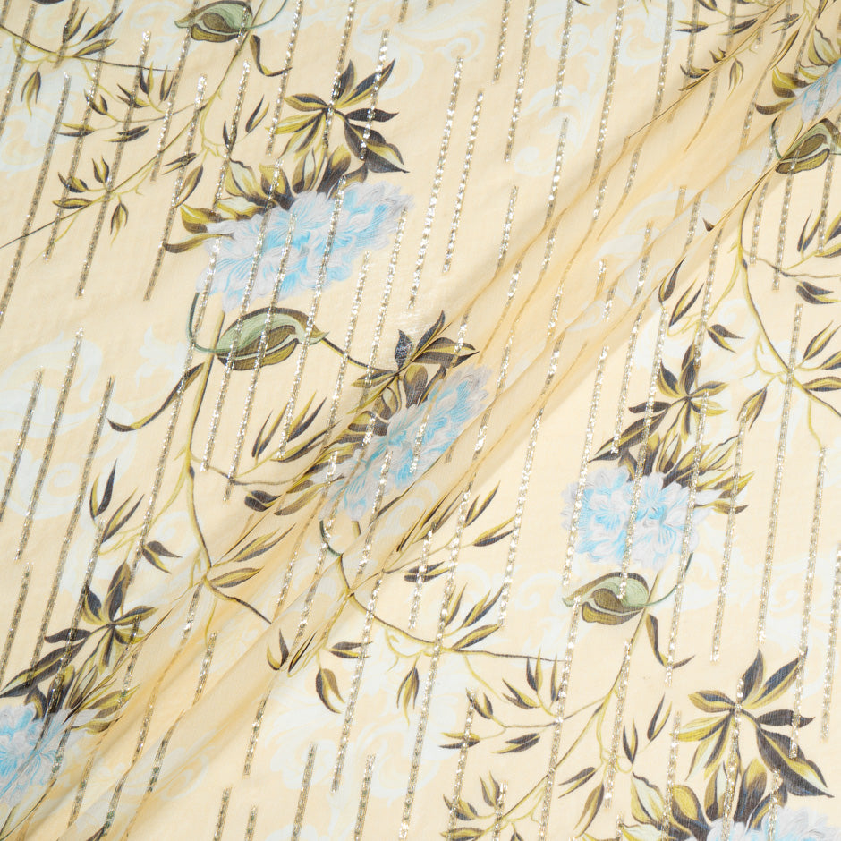 Blue Floral Printed Vanilla Yellow Silk Georgette