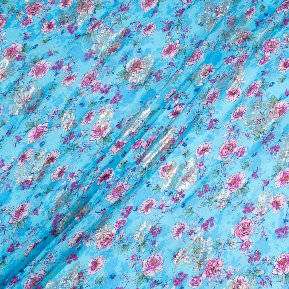 Pink Floral Printed Sky Blue Metallic Silk Georgette