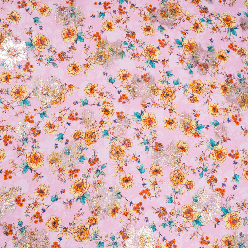 Orange & Yellow Floral Printed Pink Silk Georgette