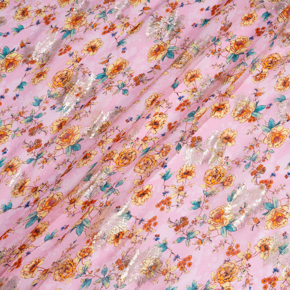 Orange & Yellow Floral Printed Pink Silk Georgette