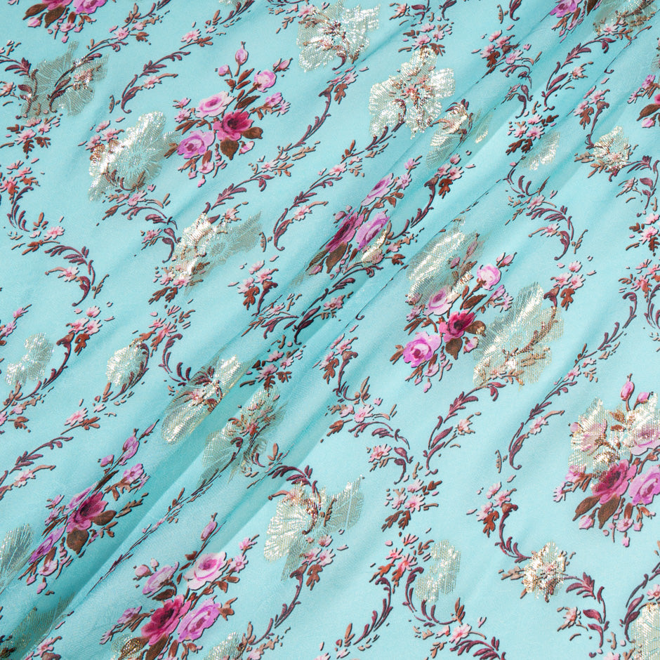 Pink Floral Printed Sky Blue Pure Silk Georgette