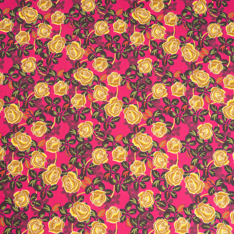 Yellow Rose Printed Deep Pink Pure Cotton (A 2.85m Piece)