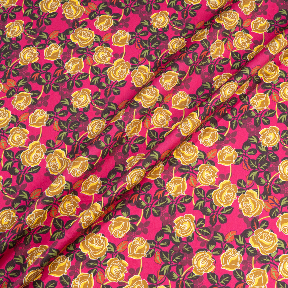 Yellow Rose Printed Deep Pink Pure Cotton (A 2.85m Piece)