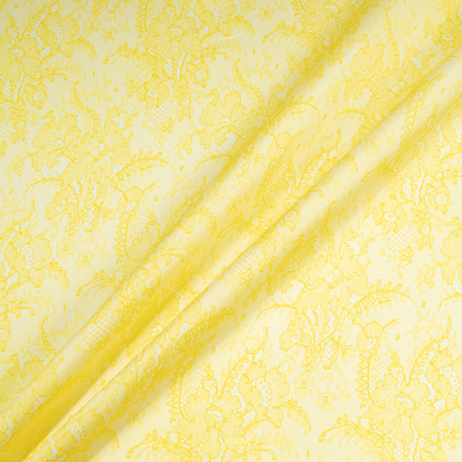 Lemon Yellow Chantilly Lace Printed Double Silk Organza