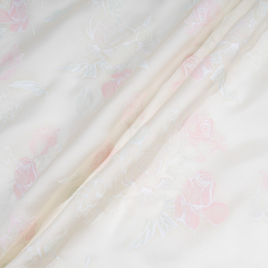 Baby Pink Rose Vision Printed White Double Silk Organza