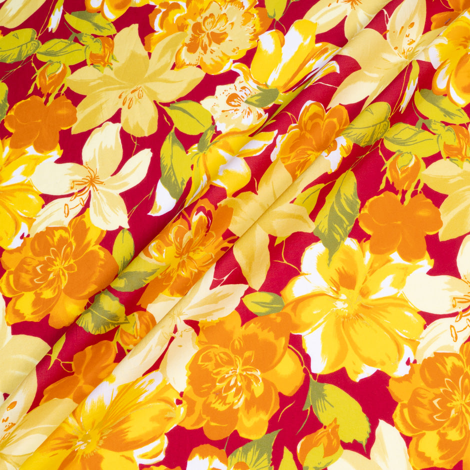 Orange & Yellow Floral Printed Deep Cherry Red Pure Cotton