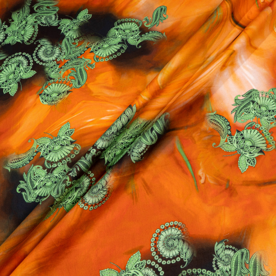 Green Floral Printed Deep Orange Pure Cotton