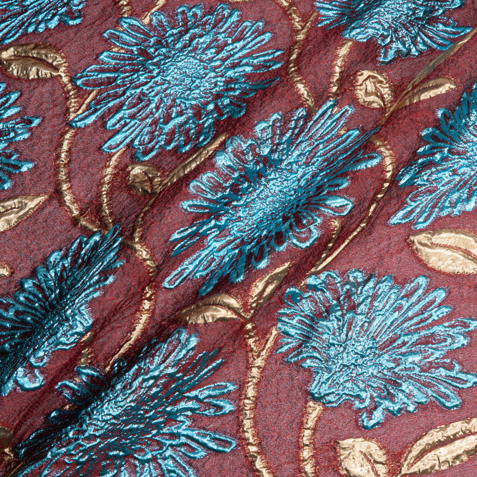 Turquoise & Gold Metallic Jacquard Maroon Organza