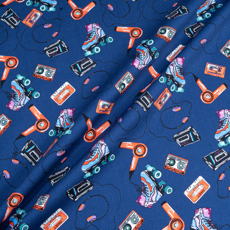 Hairdryer & Roller Skates Printed Blue Cotton Piqué