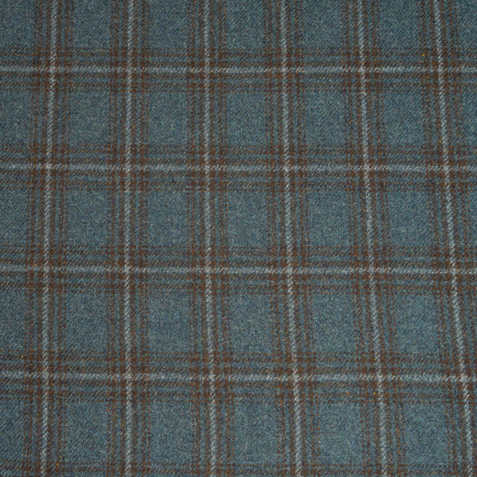 Sea Blue & Brown Checkered Wool, Cashmere & Silk Blend Suiting