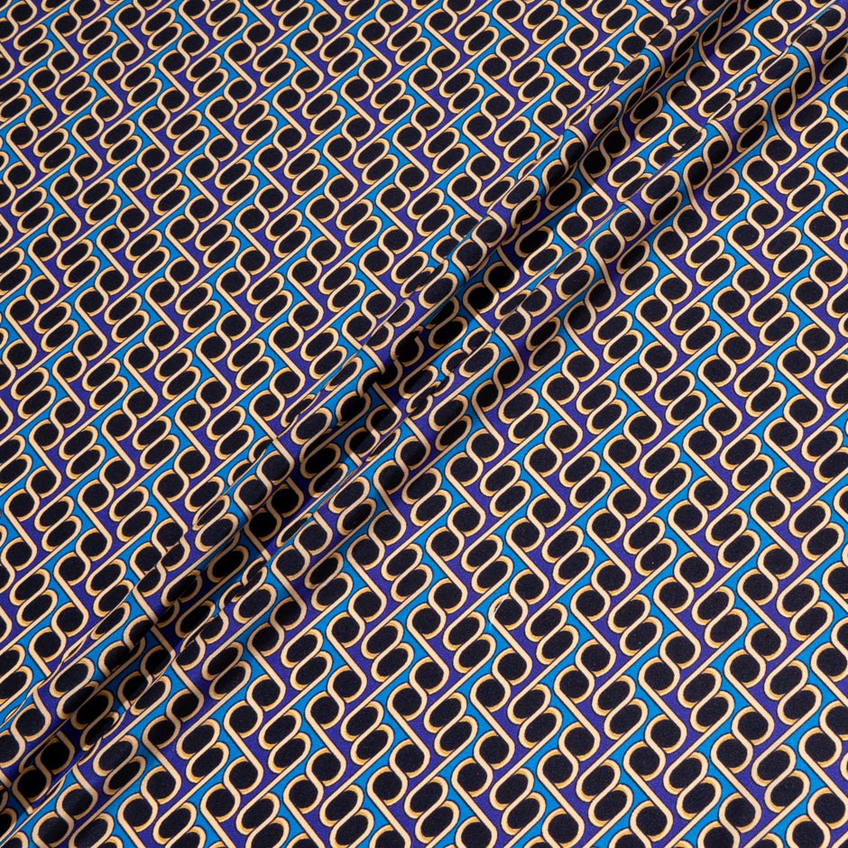 Blue & Black Geometric Printed Silk Satin