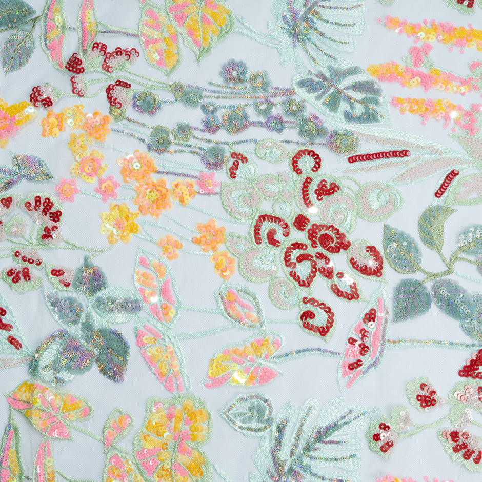 Pink, Yellow & Red Floral Embroidered Soft Mint Tulle