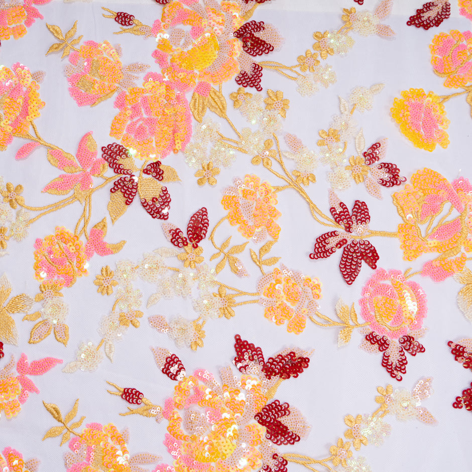 Red, Orange & Bright Pink Floral Embroidered Tulle